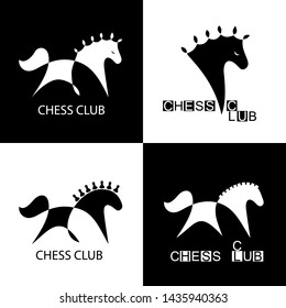 Chess Strategy Company logo vector set - four black and white logos with chess knight horse.
