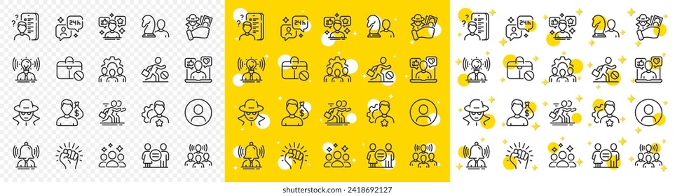 Chess strategy, Fraud thief and Equality set. Business consulting line icons. Profile headshot, job competition and empowerment protest icons. Squad group, business strategic, unemployed. Vector