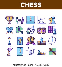 Chess Strategy Game Collection Icons Set Vector Thin Line. Chess King And Queen, Horse And Piece, Clock And Book, Desk And Championship Cup Concept Linear Pictograms. Color Contour Illustrations