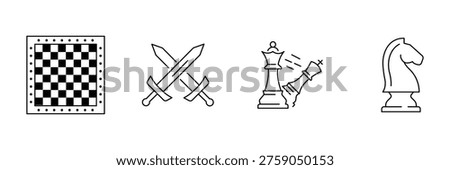 Chess strategy game icon set featuring pieces moves clock board and competitive elements in line art vector illustration.