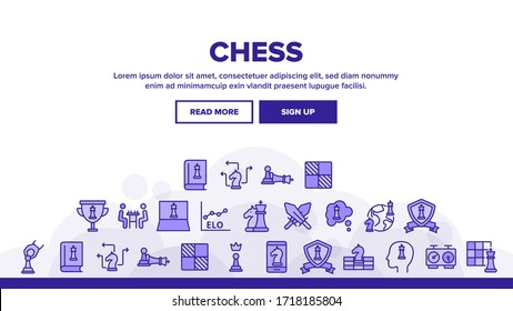 Chess Strategy Game Landing Web Page Header Banner Template Vector. Chess King And Queen, Horse And Piece, Clock And Book, Desk And Championship Cup Illustration