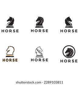 Chess strategy game logo with horse, king, pawn, minister and rook. Logo for chess tournament, team,championship, chess game application.
