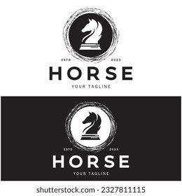 Chess strategy game logo with horse, king, pawn, minister and rook.