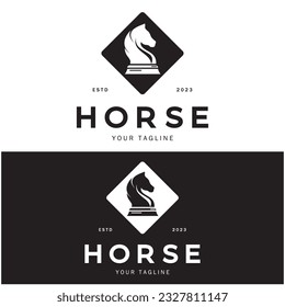 Chess strategy game logo with horse, king, pawn, minister and rook.