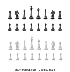 Chess strategy game. Vector 3D illustration with a complete set of black and white chess pieces lined up for play. Isolated design for strategic gameplay visuals.