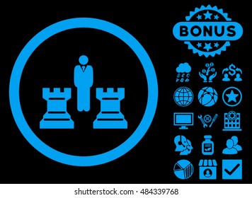 Chess Strategy icon with bonus design elements. Vector illustration style is flat iconic symbols, blue color, black background.