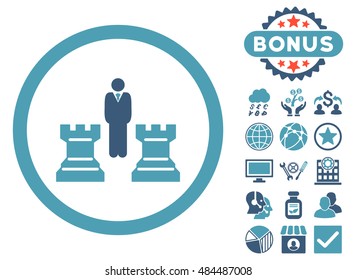 Chess Strategy icon with bonus design elements. Vector illustration style is flat iconic bicolor symbols, cyan and blue colors, white background.