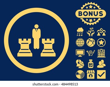 Chess Strategy icon with bonus design elements. Vector illustration style is flat iconic symbols, yellow color, blue background.
