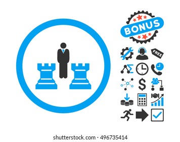 Chess Strategy icon with bonus images. Vector illustration style is flat iconic bicolor symbols, blue and gray colors, white background.