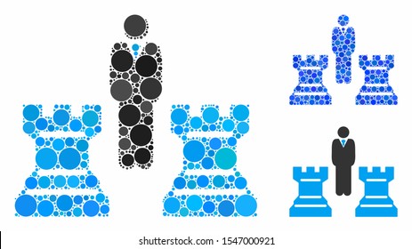 Chess strategy mosaic of circle elements in variable sizes and shades, based on chess strategy icon. Vector round dots are grouped into blue mosaic.