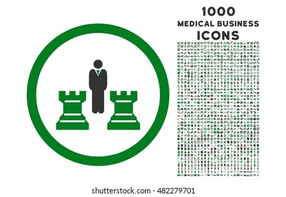 Chess Strategy rounded vector bicolor icon with 1000 medical business icons. Set style is flat pictograms, green and gray colors, white background.