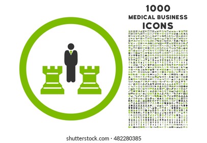 Chess Strategy rounded vector bicolor icon with 1000 medical business icons. Set style is flat pictograms, eco green and gray colors, white background.