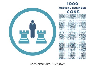 Chess Strategy rounded vector bicolor icon with 1000 medical business icons. Set style is flat pictograms, cyan and blue colors, white background.