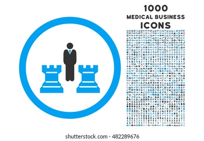 Chess Strategy rounded vector bicolor icon with 1000 medical business icons. Set style is flat pictograms, blue and gray colors, white background.