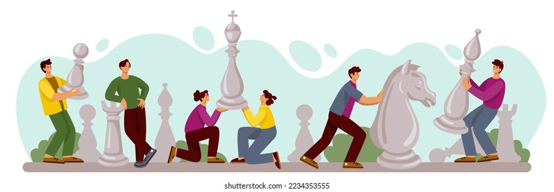 Chess strategy. Team game tactics. Creative leadership idea. Business strategic characters. Competition board. People on chessboard with bishop and pawn. Vector cartoon tidy concept