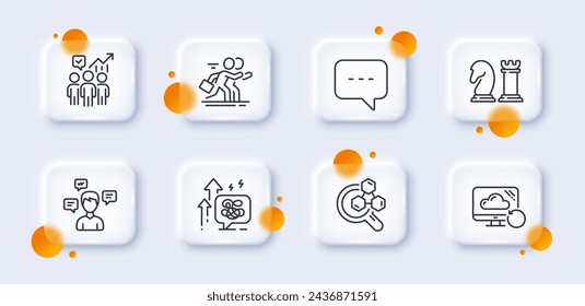 El ajedrez, el estrés crece y los iconos de la línea de competencia se empaquetan. Botones de vidrio 3d con círculos borrosos. Mensajes de conversación, laboratorio de química, icono web de la nube de recuperación. Estadísticas de negocios, Pictograma del blog. Vector