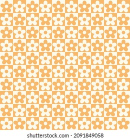 Chess table seamless pattern with geometric flowers. Simple and trendy flat vector illustration in retro style. Colorful background, 60s, 70s, hippie aesthetic