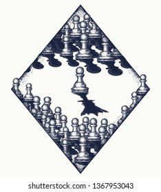 Chess. Tattoo and t-shirt design. Pawn dreams to become queen. Ambitions concept. Symbol of motivation, success and leadership 