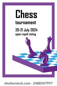 Chess Tournament Announcement template. Knight, Queen and King on a chessboard. Vector Illustration.