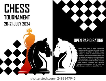 Chess Tournament Announcement template. Two Knights white and black opposite to each other, and elements of the chessboard on a background. Vector Illustration.