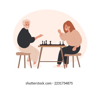 Chess tournament between old man and young woman. Elder man play chess with his daughter. Cartoon People sitting at the table with chessboard. Flat illustration isolated on white background