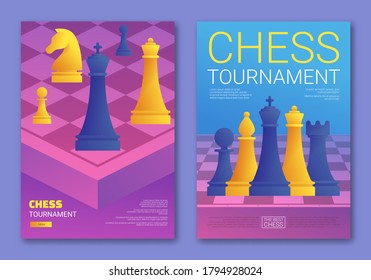 Chess tournament cartoon posters set. Purple chessboard with blue and yellow chess pieces. Chess classes and championship advertising. Hobby and professional sport competition vector illustration.