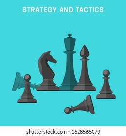 Chess tournament. Concept of business strategy and tactics. Black chess pieces in flat style.