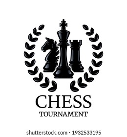 Chess tournament emblem. Chess Pieces King, Knight, Rook with a wreath. Vector illustration isolated on white.