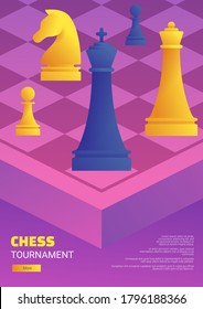 Chess tournament flyer template. Purple chessboard with blue and yellow chess pieces. Chess classes and championship advertising. Hobby and professional sport competition cartoon vector illustration.