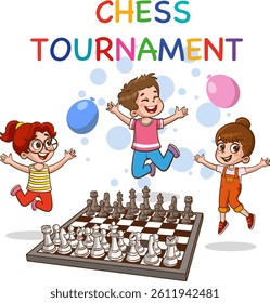 Chess tournament for kids. Vector illustration of chess tournament poster with pieces on chessboard.