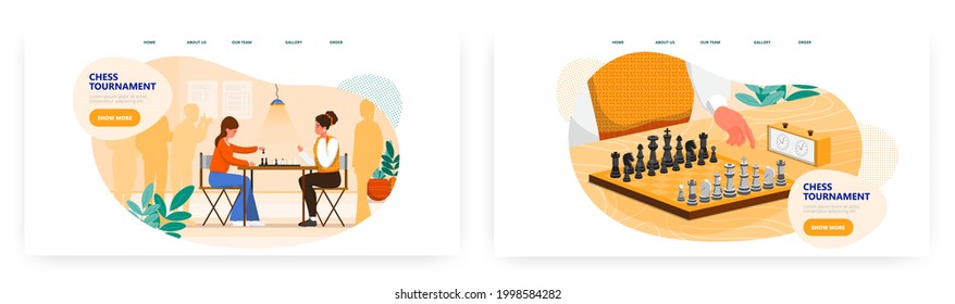 Chess tournament landing page design, website banner vector template set. Two women playing chess board game.