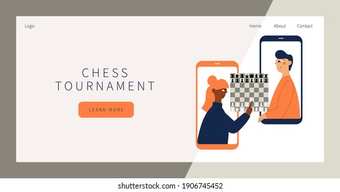 Chess tournament landing page. Two people plays chess online. Man and woman competing in chess from their smartphones. Distant leisure activity concept. Tournament at online chess club.