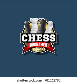 Chess tournament logo. Chess competition emblem. ?hess and ribbon with letters.