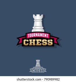 Chess tournament logo. Chess competition emblem. Chess and ribbon with letters.