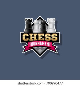 Chess tournament logo. Chess competition emblem. Chess and ribbon with letters.