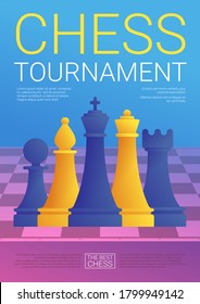 Chess tournament poster in cartoon style. Purple chessboard with blue and yellow chess pieces. Chess classes and championship advertising. Hobby and professional sport competition vector illustration.