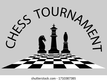 Chess tournament poster template. Chess pieces with board isolated on grey background. Silhouette of knight, bishop and  king in black color. Logo of intelligence game or competition. Vector