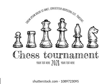 Chess tournament poster. Vector hand drawn illustration Isolated on white background. Template in vintage style.