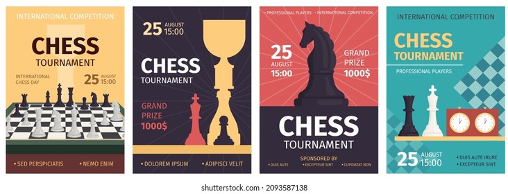 Chess tournament posters with game board and piece silhouettes. Strategy sport competition banners. Chess club match invitation vector set. Illustration of chess club banner