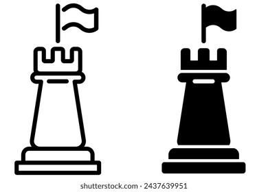 Chess tower with flag icon. Strategy of defense pictogram. Chess piece, castle, rook symbol. Business strategy concept sign. Guarded, protected, secure notification filled and outline signs.