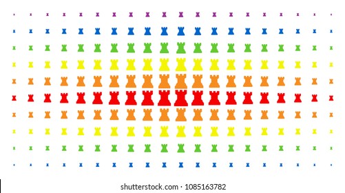 Chess tower icon rainbow colored halftone pattern. Vector chess tower items are organized into halftone matrix with vertical spectrum gradient. Constructed for backgrounds, covers,