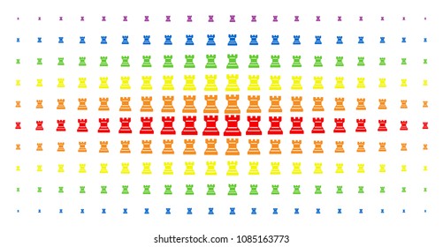 Chess tower icon spectral halftone pattern. Vector chess tower pictograms are arranged into halftone grid with vertical spectral gradient. Designed for backgrounds, covers,
