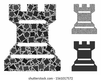 Chess tower mosaic of irregular pieces in different sizes and color tinges, based on chess tower icon. Vector raggy pieces are organized into collage. Chess tower icons collage with dotted pattern.
