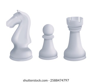 Chess vector 3D icons set. White 3D icons with chess. Pawn, horse and rook. Chess match concept. Strategy or business planning concept illustration