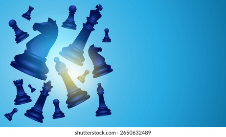 Chess vector background, illustration of floating chess pieces on blank blue background with copy space to replace text