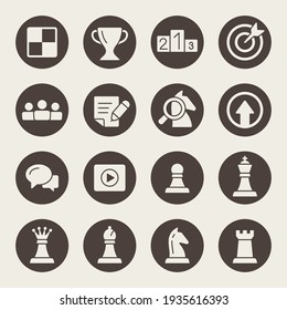 Chess vector icon set. Chess pieces, game, tournament cup, learning, chat and other symbols.