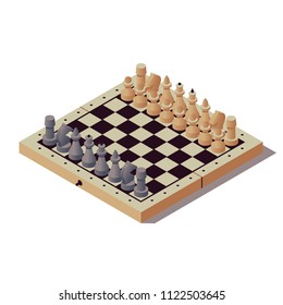 Chess, vector isometric illustration, board and figures on white background