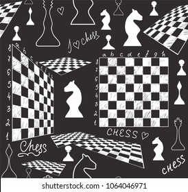Chess vector seamless pattern with hand drawn chess boards and figures