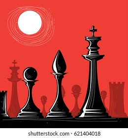 Chess War, King, Knight, Red Sky (Vector Art)