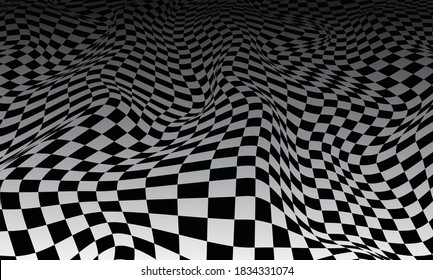  Chess waves board. Abstract 3d black and white illusions. Pattern or background with wavy distortion effect. Vector illustration